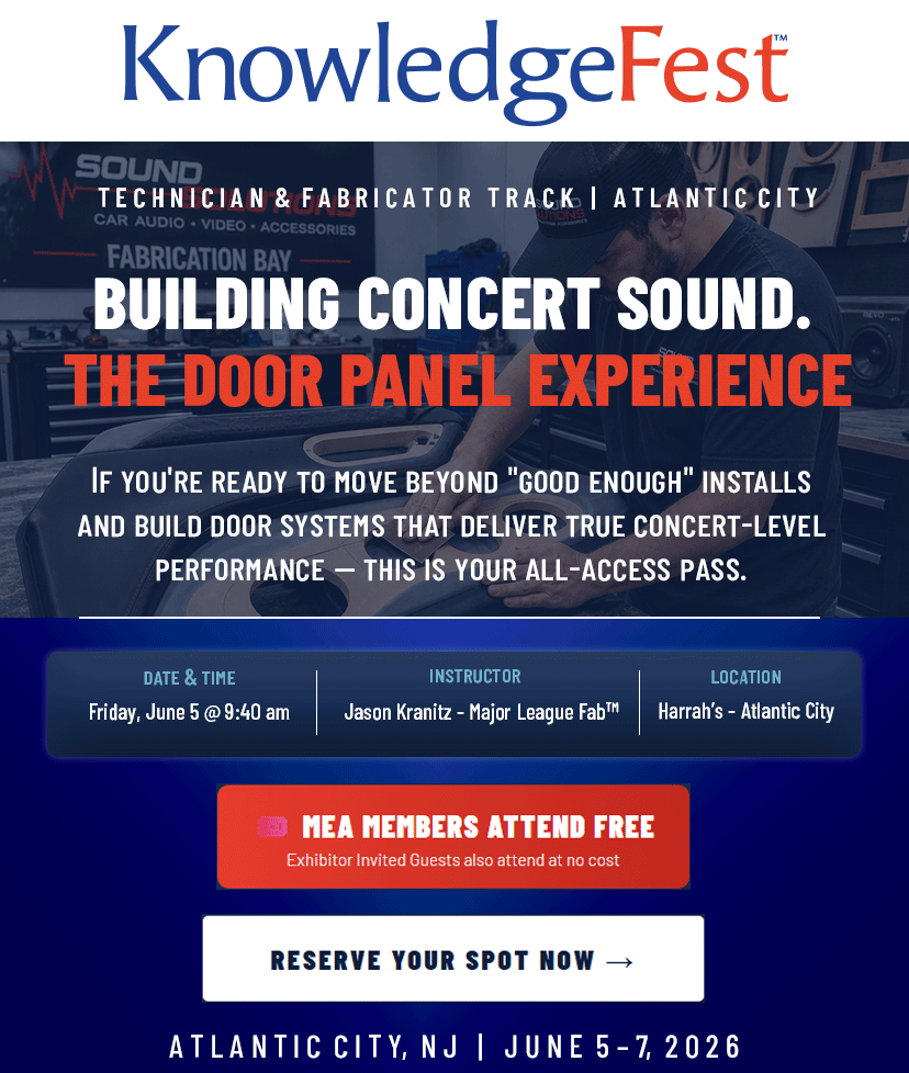 KnowledgeFest logo atop a blue promo hero: 'BUILDING CONCERT SOUND. THE DOOR PANEL EXPERIENCE' with event details and a 'RESERVE YOUR SPOT NOW' call-to-action button.