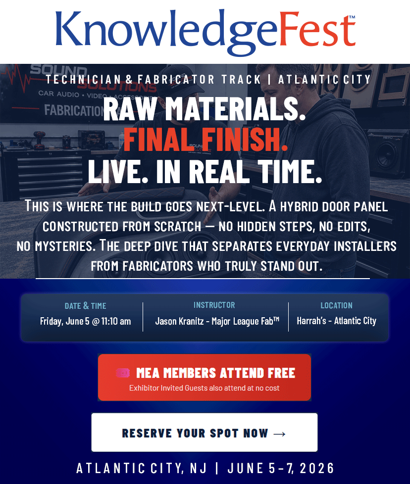 New-Marketing---TF002 - KnowledgeFest KnowledgeFest promo banner for Atlantic City 2026: hero text 'Raw Materials. Final Finish. Live. In Real Time.' with event details—Friday, June 5 at 11:10 am; instructor Jason Kranitz at Harrah’s Atlantic City; June 5–7, 2026; MEA members attend free; reserve your spot.