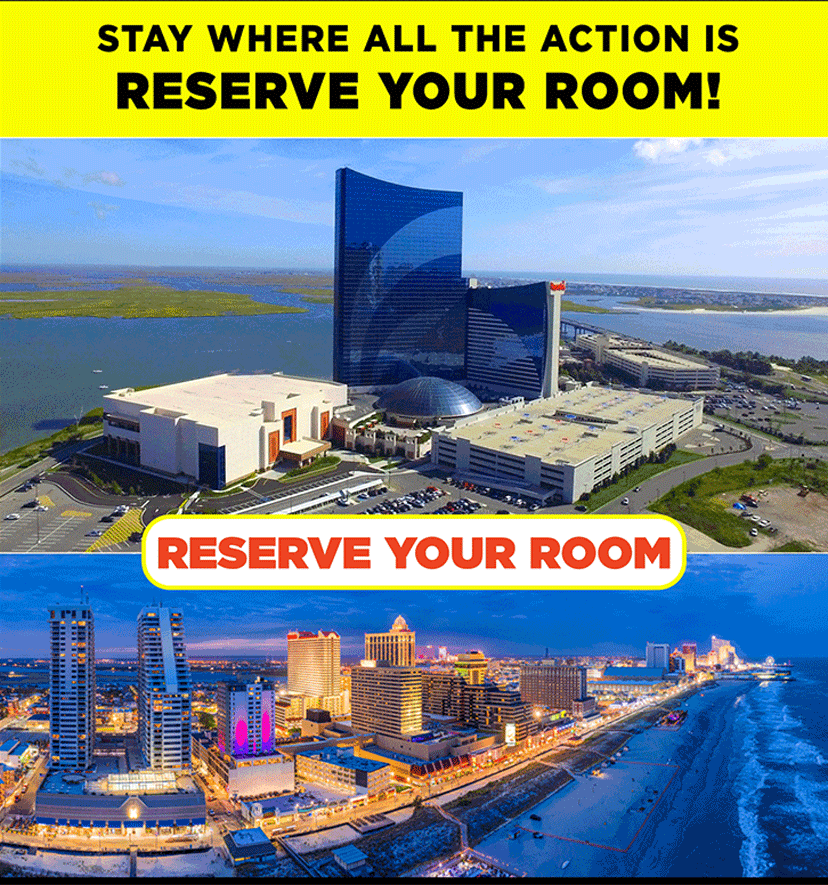 Promotional image for hotel reservations: aerial view of a large beachfront resort with a bold 'Reserve Your Room' banner and city skyline in the background, daytime to dusk.
