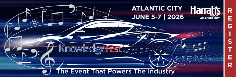 KnowledgeFest Atlantic City 2026 banner with a stylized car silhouette and music notes, slogan: The Event That Powers The Industry, Harrah's logo and dates June 5-7, 2026.]