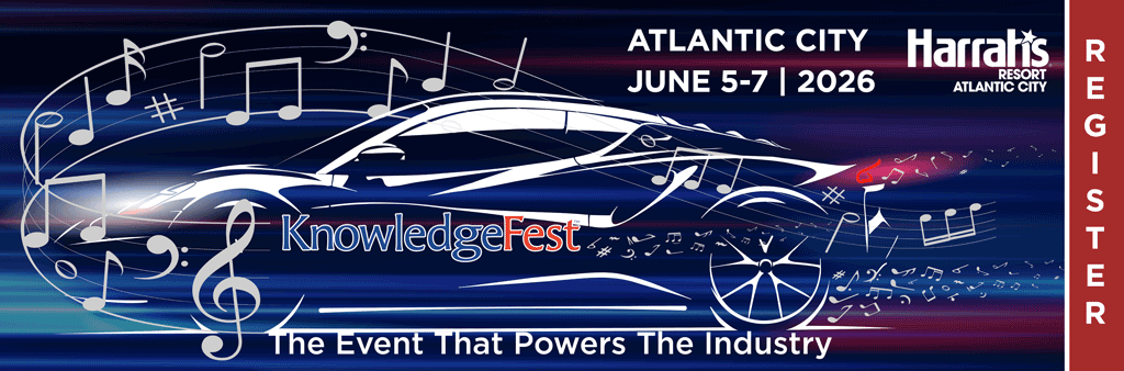 KnowledgeFest banner for Atlantic City 2026 (June 5–7): sleek car silhouette with musical notes, slogan 'The Event That Powers The Industry' and Harbor-style logo on a blue-red gradient background.