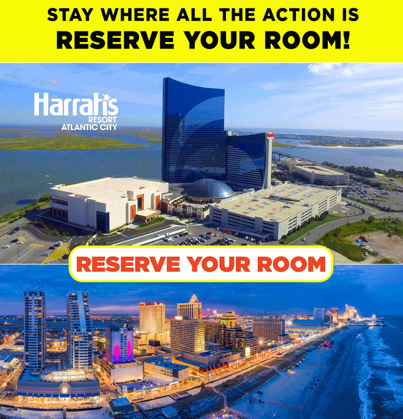 Promotional banner for Harrah's Resort Atlantic City encouraging viewers to reserve a room; aerial view shows the resort and beachfront skyline.