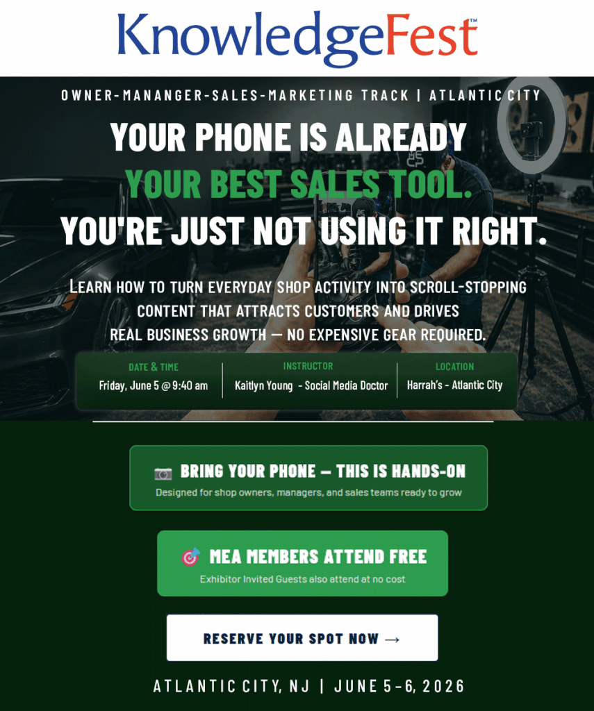 KnowledgeFest hero banner promoting a hands-on shop event with bold white and green text about using your phone as a sales tool in Atlantic City.