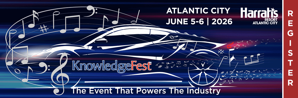 KnowledgeFest event banner: car silhouette with musical notes and speed lines, Atlantic City details (June 5–6, 2026) at Harrah’s Resort; tagline 'The Event That Powers The Industry'.